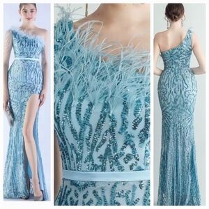Blue, Geo Print, Assymmetrical Feather, Beaded,Slit Thigh, Sequined Mermaid Gown